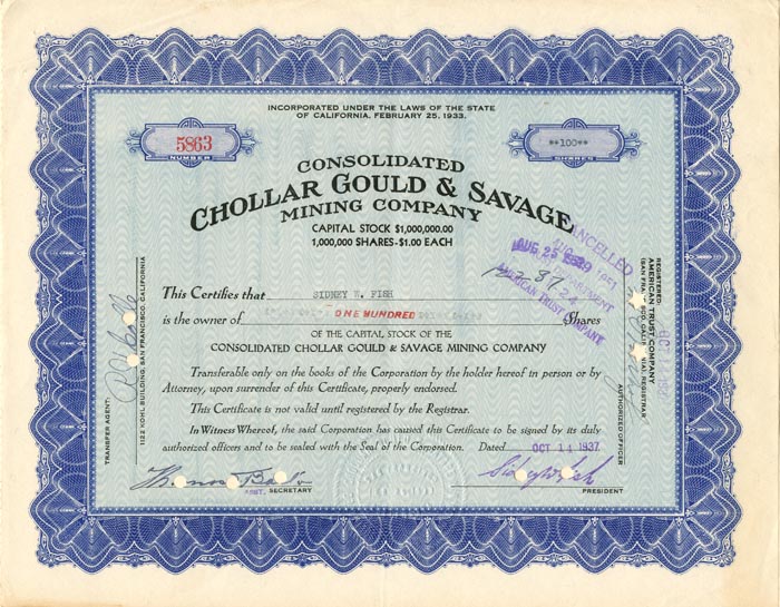 Consolidated Chollar Gould and Savage Mining Co. - Stock Certificate